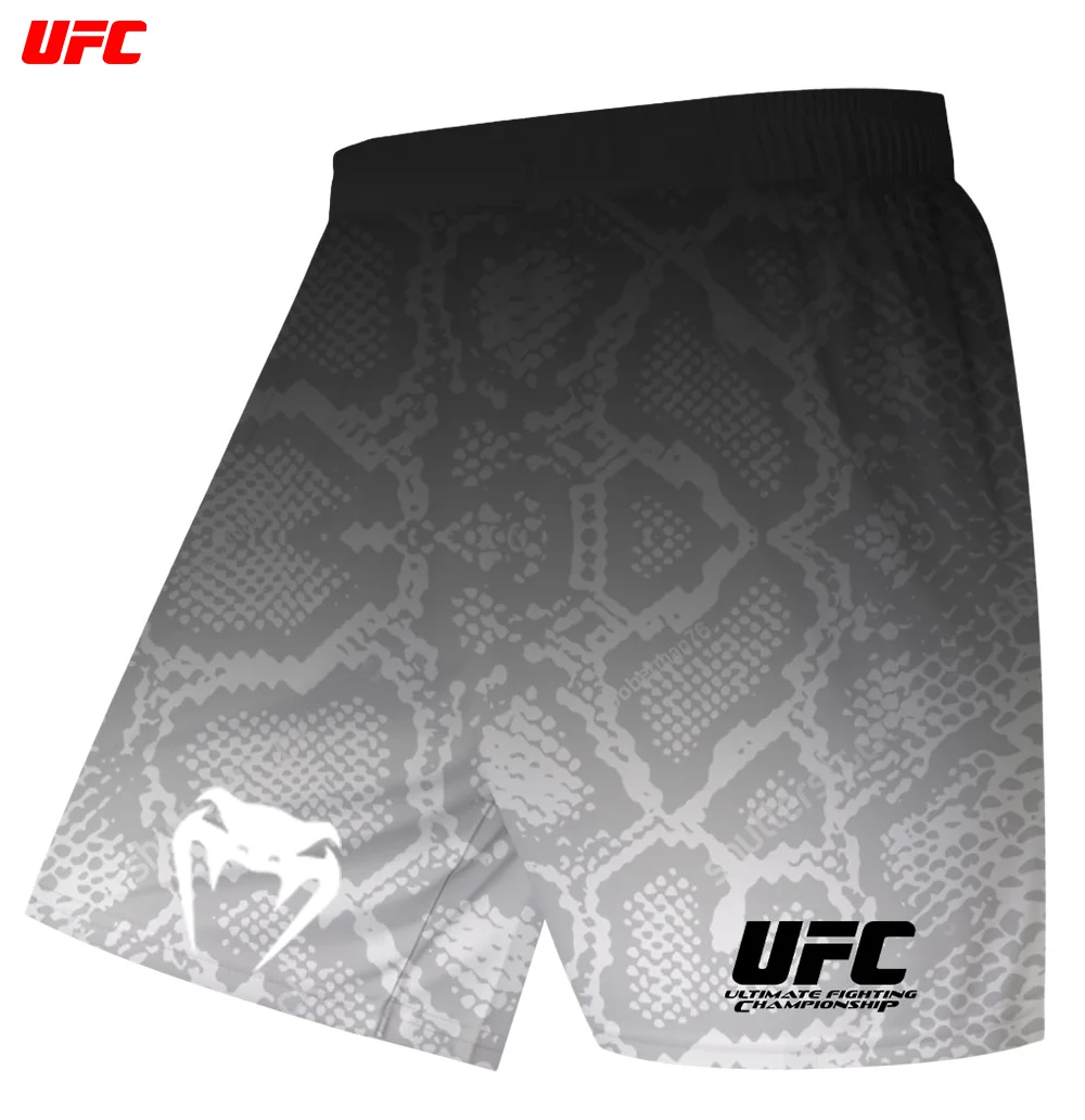 

Новые летние мужские шорты UFC, черный принт под змеиную кожу 3D, дышащие и быстросохнущие, с красным логотипом, подходят для ММА, бокса, тренировок в спортзале