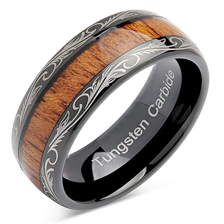 8MM Width Tungsten Vintage Rings Black Dome Band for Man Inlay Natural Wood & Engrave Feather Pattern Father/Fiancé Gift 6-14