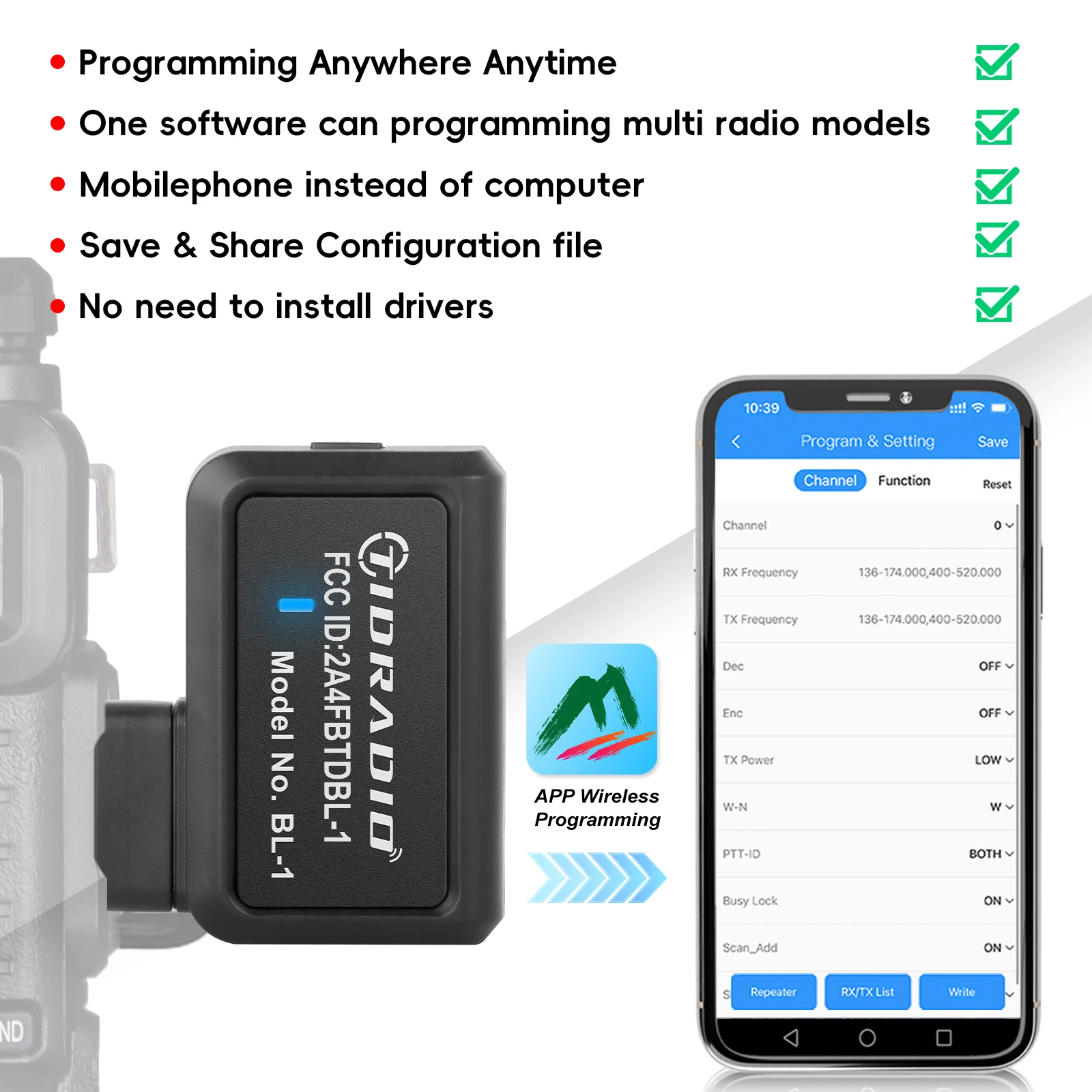 TIDRADIO Adattatore programmatore wireless per radioamatori APP e programma PC per problemi Baofeng UV-5R e modelli multipli invece del programma