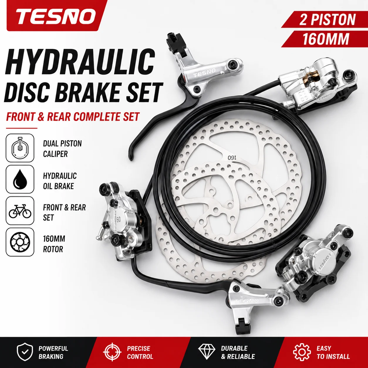 

TESNO MTB Hydraulic Disc Brake Set Front Rear 2 Piston Bicycle Oil Brake Calipers with 160mm Rotor Bike Braking System