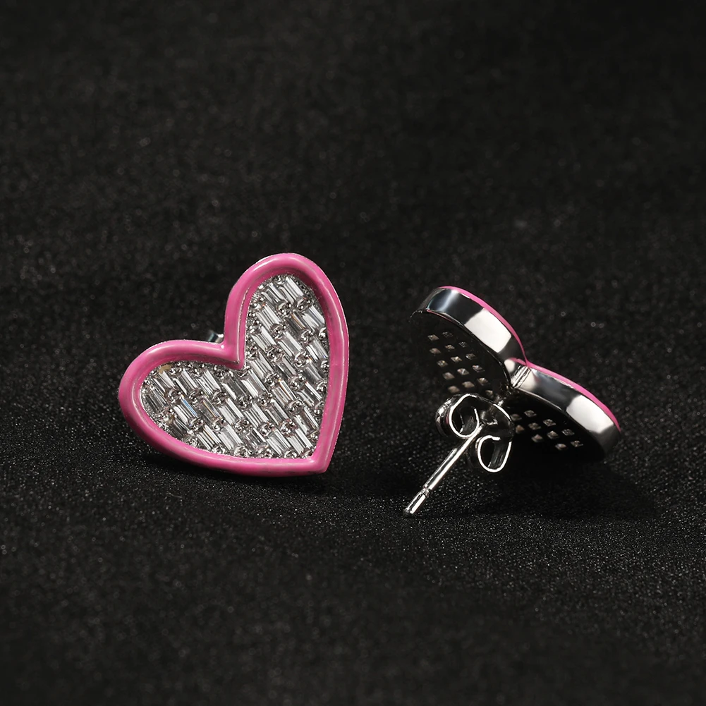 THE BLING KING Heart Stud Earring For Women 12mm CZ Cubic Zirconia Vertical Stones Paved Green Pink Oil Rim New Fashion Jewelry