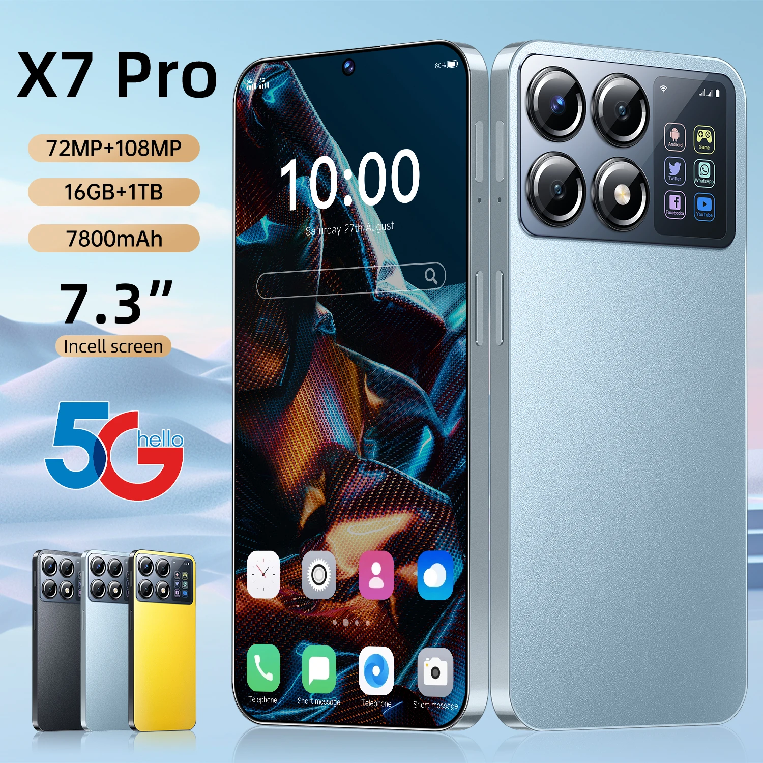 Global Version 2025 New X7 Pro Smartphone 7.3 inch Full Screen 4G/5G Cell Phone 16TB+1TB 7800mAh Mobile Phones 108MP Celulares