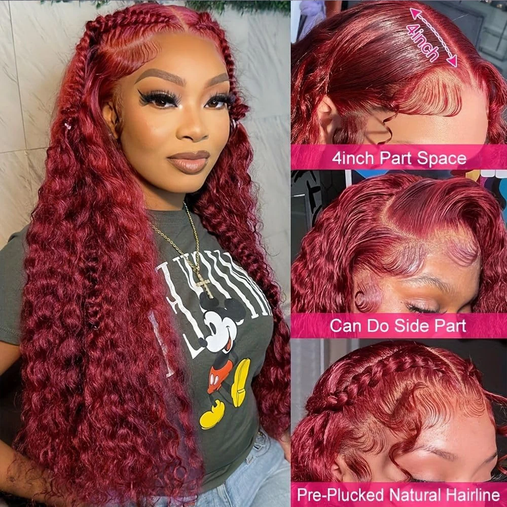 Perruque Lace Front Wig Naturelle Bouclée, Cheveux Humains, Couleur Bordeaux 99J, HD 13tage, Pre-Plucked