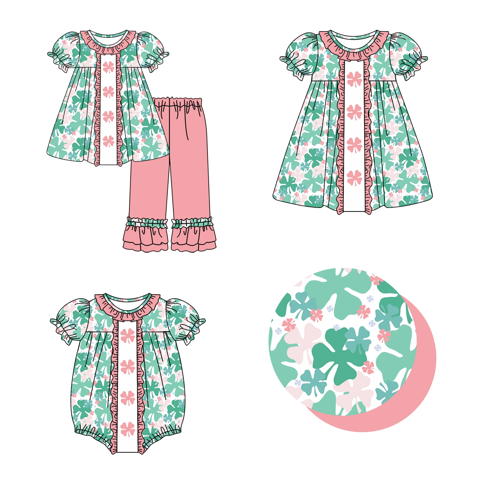 St. Parker collection four-leaf clover print pink girls short sleeve suit baby short sleeve onesie boutique wholesale