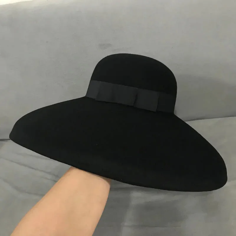 Styl retro Czarny czapka z czystej wełny Filc Floppy Kapelusz z szerokim rondem Kobiety Zimowy kapelusz Fedora Cloche Bowler Kapelusz Wstążka Impreza Ślubna Kapelusz kościelny — zdjęcie 2