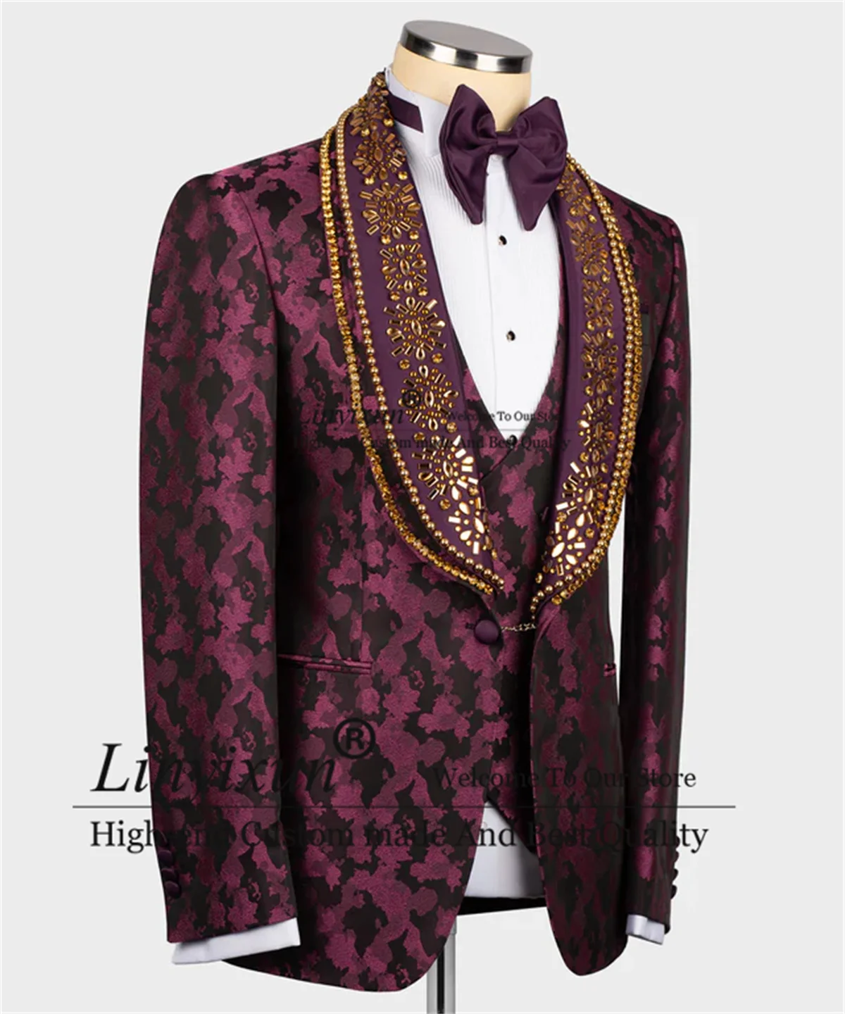 Light Claret Red Leopard Patterned Stone Specail Tuxedos Men Suits 3 Pieces Sets Groom Wedding Blazers Dinner Prom Costume Homme