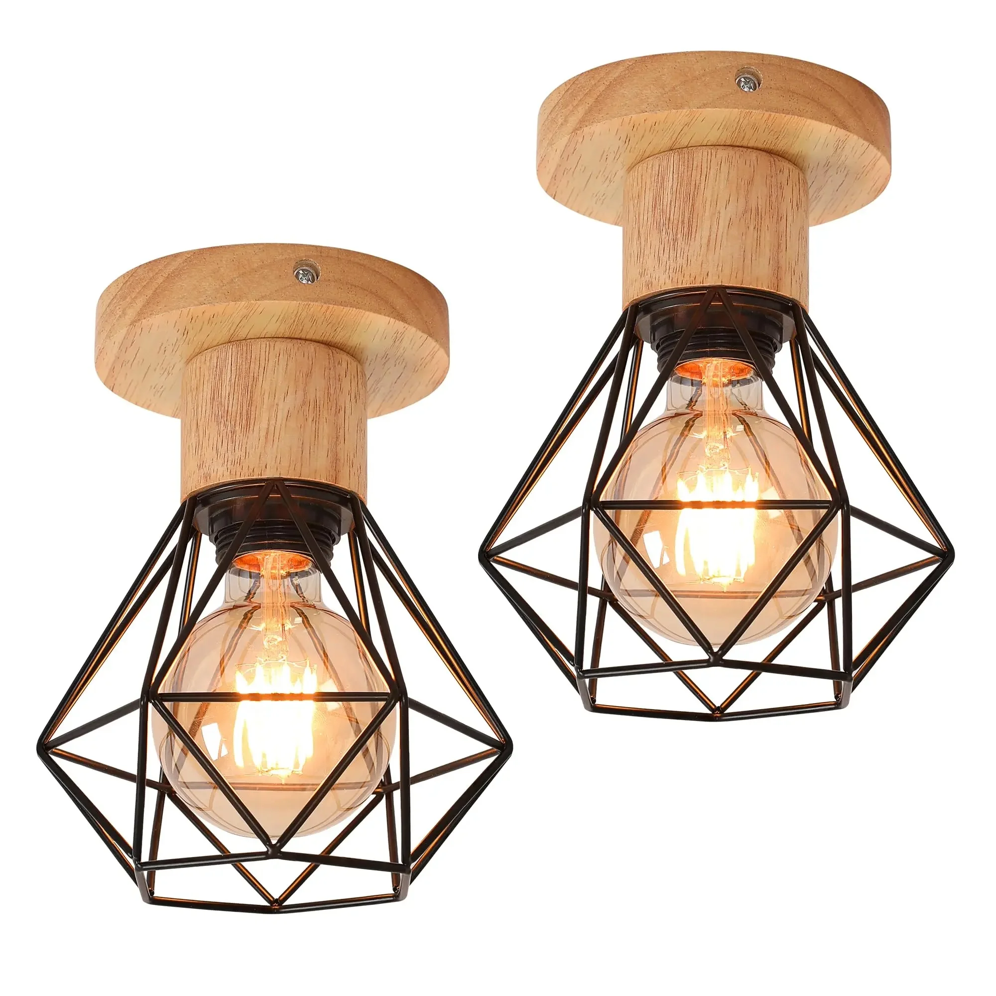 Set of 2 E27 Vintage Chandelier Ceiling Light, Wooden Metal Cage Design Ceiling Lamp, Retro Industrial Pendant Light for Living