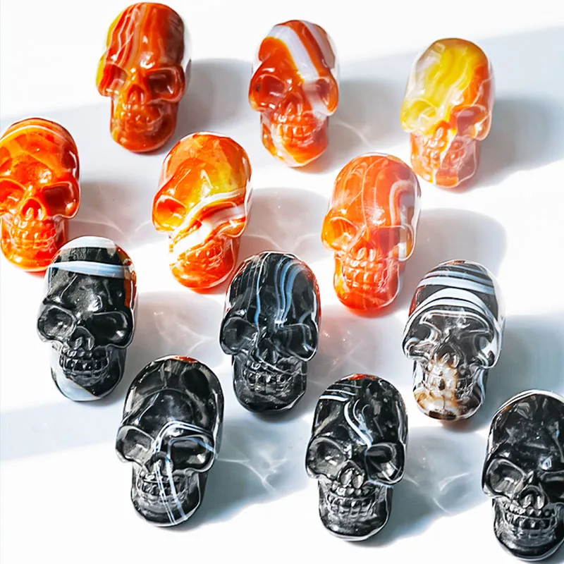 Beautiful Black Onyx Unique Skull Hand Carved Small Natural Red Agate Sardonyx Carnelian Quartz Crystal Stone Skull Sculpture