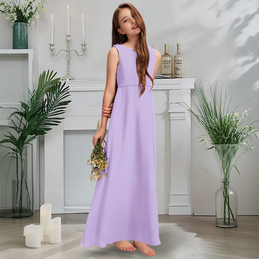 

Luxurious V-Neck Junior Bridesmaid Dress Twilight Mauve Flower Girl Dress Floor-Length Chiffon With Cascading Ruffles Wedding