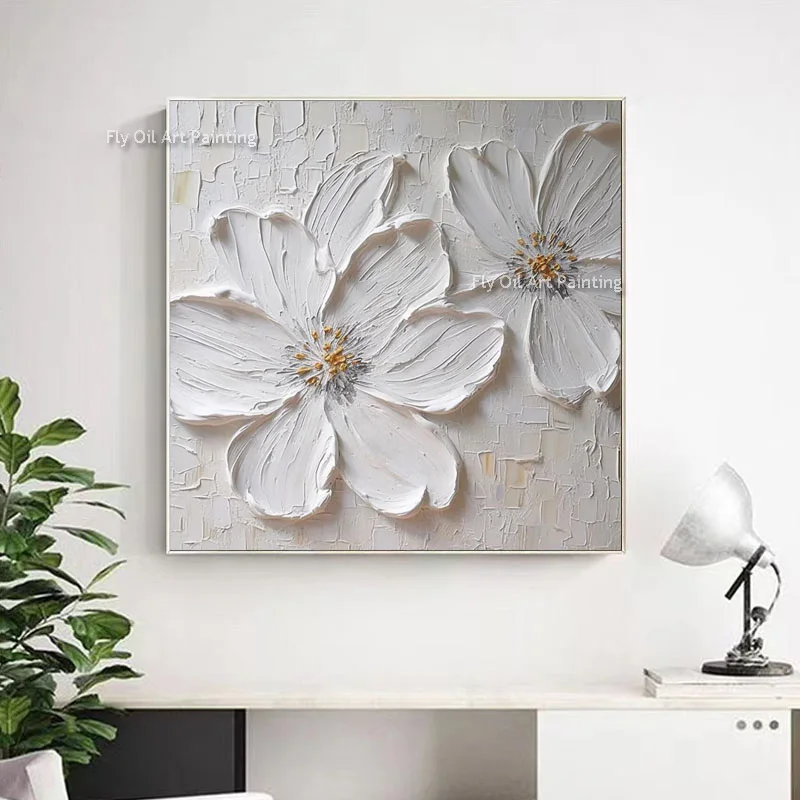 100% Hand-painted Neutral White Flower Room Decor Palette Knife Oil Paintings on Canvas Minimalist Bloom Entryway Wall Decor