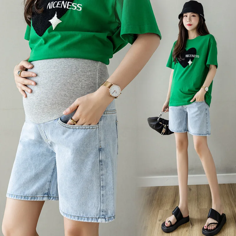 

Maternity Jeans Wide Leg Belly Shorts Summer Pregnant Women Denim High Waist Belly Support Trousers Pants Pregnancy Clothing