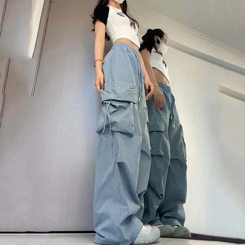 Mulheres y2k calças de carga cintura alta streetwear hip hop feminino grandes bolsos casual cintura baixa cordão baggy sweatpants