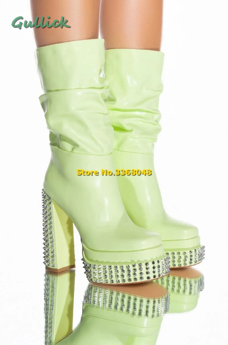 

Slouch Studded Green Booties Square Toe Block Heel Women Mid-Calf Boots Rivet Leather Chunky Heel 2024 New Arrivals Boots