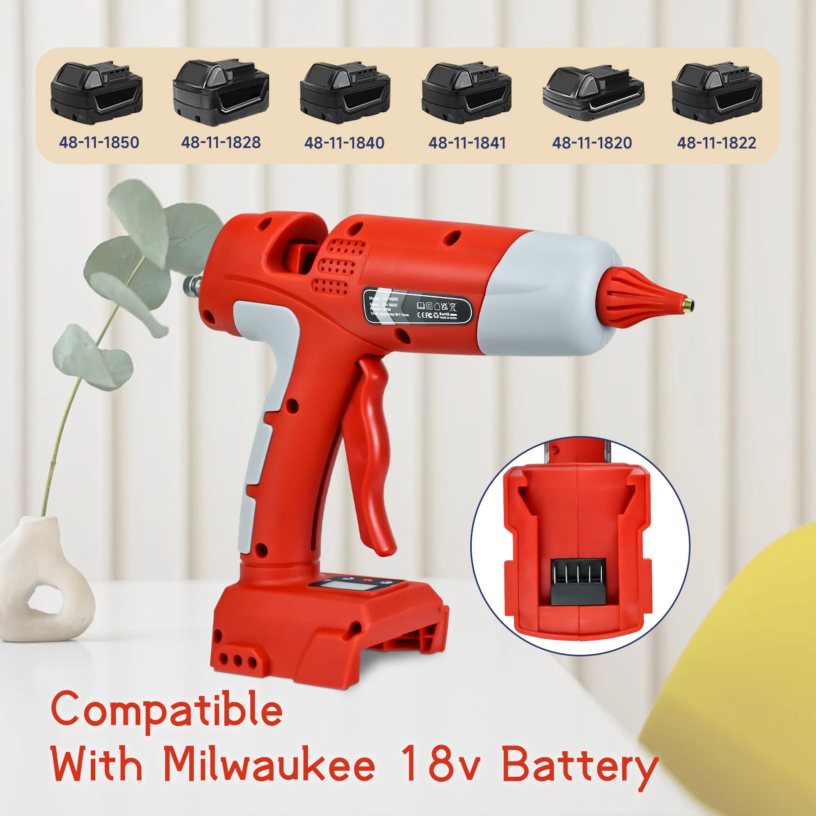 100W Cordless Hot Melt Glue Gun for Milwaukee 18V Battery with 10pcs 11mm Sticks for Home Repair Arts & Crafts (No Battery)