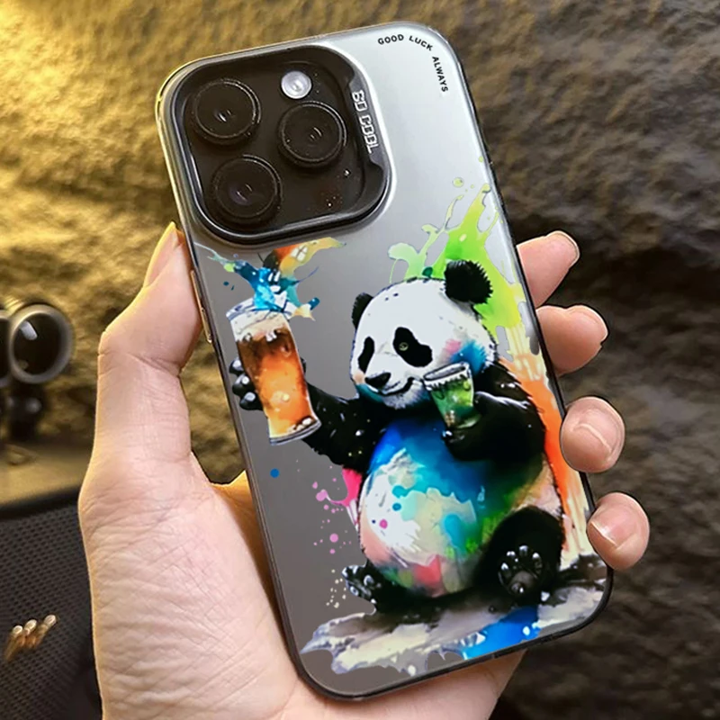 Oil Painting Cartoon Panda Phone Case For iPhone 15 16 Pro Max 15 14 13 12 11 Pro XR XS 7 8 Plus SE2 Shockproof Back Cover