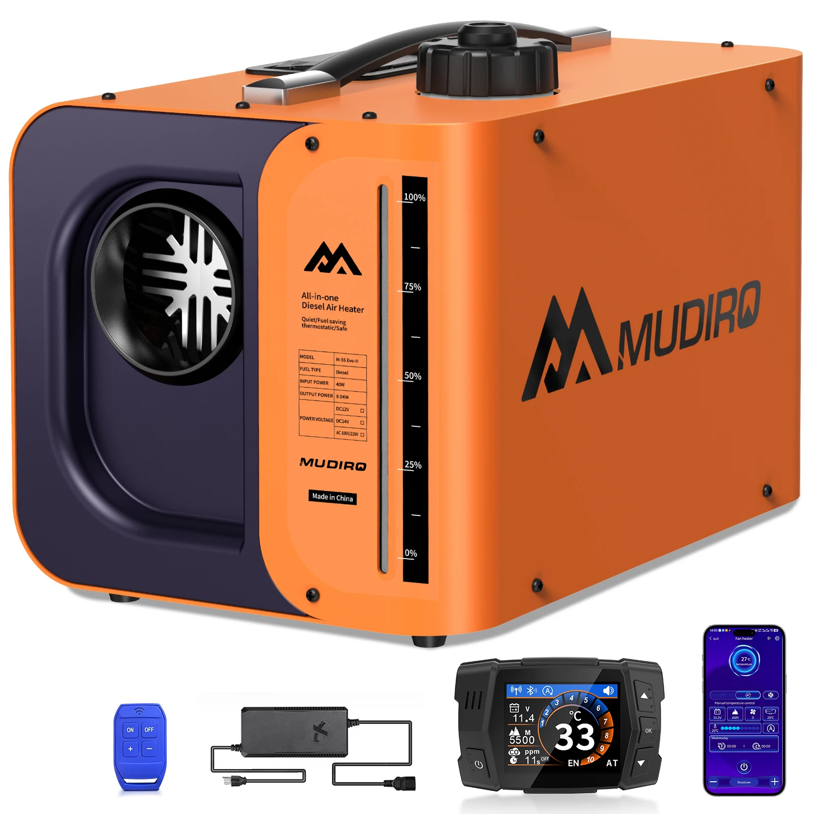 12V/24V/240V Mudiro 8KW Dieselheizung mit CO-Schutz (Automatische Abschaltung & Alarm), Thermostat, TFT-Display - für Camping, Wohnmobil, Zelt