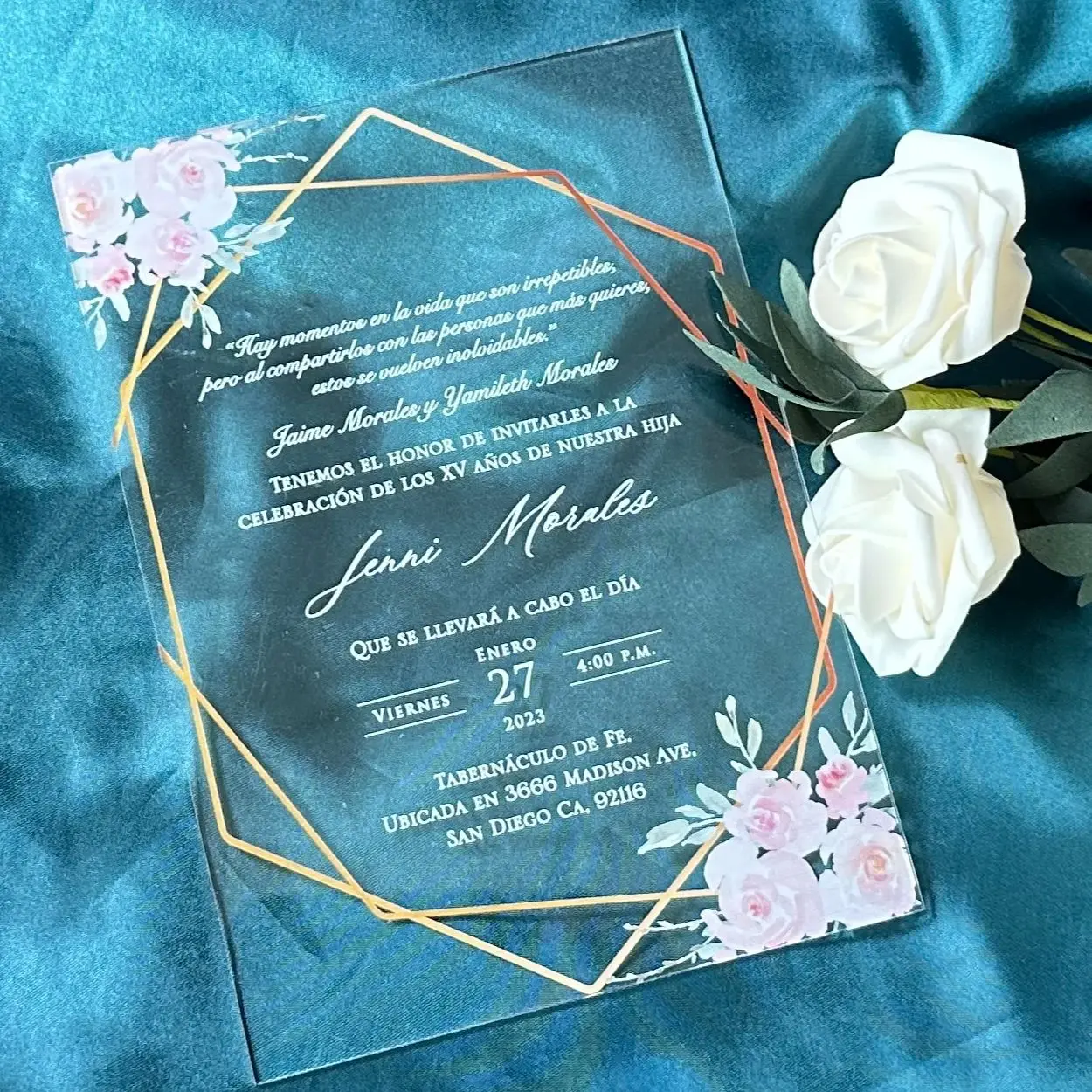 

Custom Pink Flower Acrylic Wedding Invitation with White font,Transparent Invite, Flexible PVC Card,Favor Gift, 10Pcs