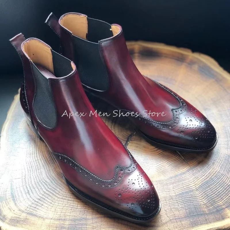 

2024 New Genuine Leather Chelsea Boots Men's Vintage British Leather Sole Slip On Short Boots Round Toe Printed Handmade Boots