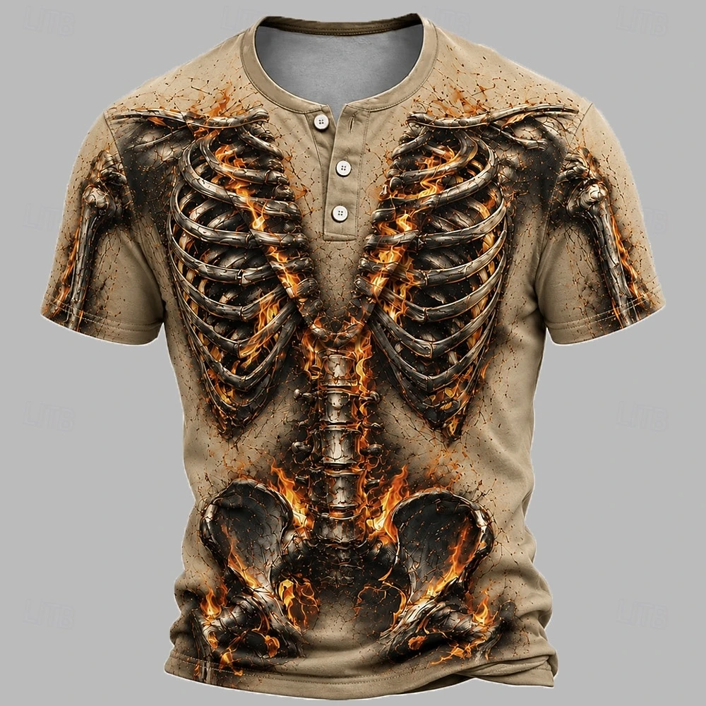 Men’s Halloween Skull Print Short‑Sleeve Henley Shirt Retro Vintage Daily Casual Streetwear All‑Season Top for Spring & Summer