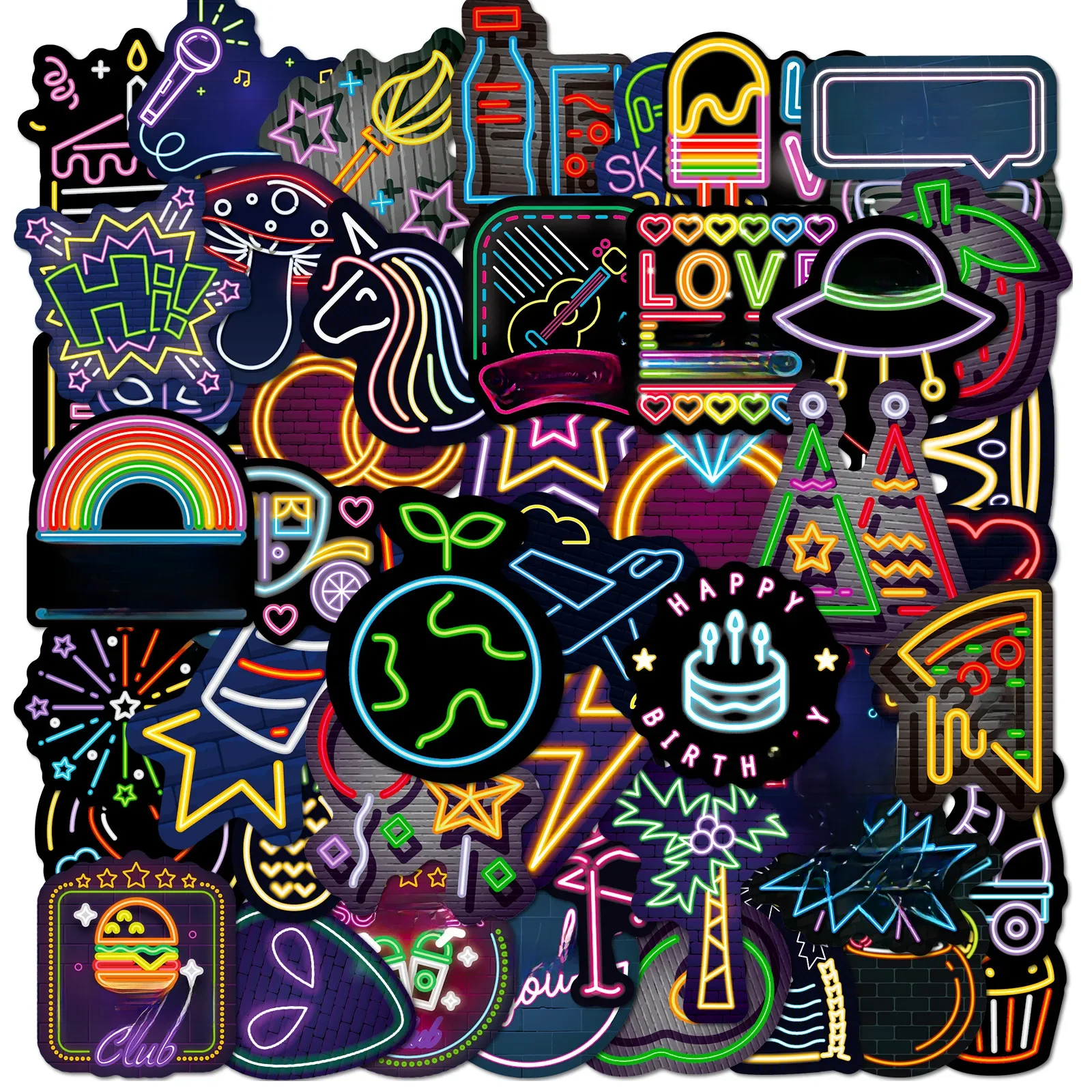 50 szt. Fajny lampa neonowa Cartoon naklejki Graffiti telefon gitara Laptop Notebook walizka kubek wodoodporna naklejka naklejki dla dzieci zabawki — zdjęcie 2