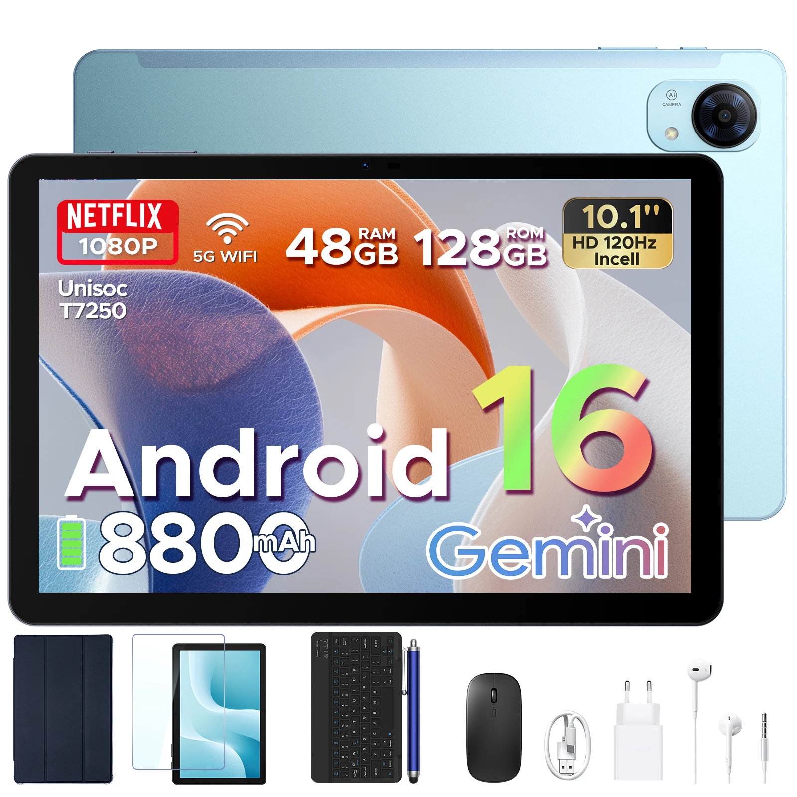 Aorlym P10 Pro Android 16 Tablet PC 10.1" Gemini AI Tablet Pad 48GB RAM+128GB ROM 8800mAh Batterij 120Hz Widevine L1 Ondersteuning
