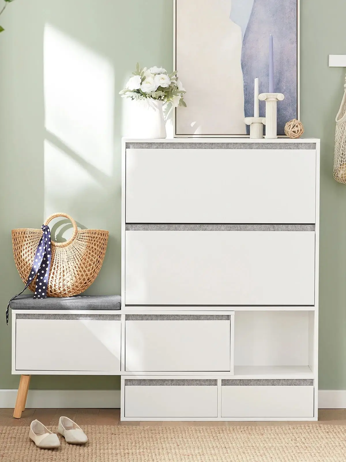 SoBuy FSR134-W Étagère à chaussures avec 2 rabats, 2 portes et 2 tiroirs Armoire de couloir avec banc Banc Banc à chaussures avec siège 3