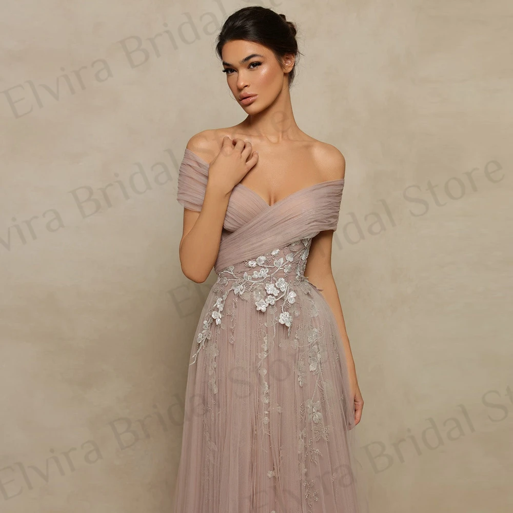 Customized Elegant Tulle A-Line Evening Dresses Women Floor Length Applique Sequins Beads Off The Shoulder Backless V-Neck Long