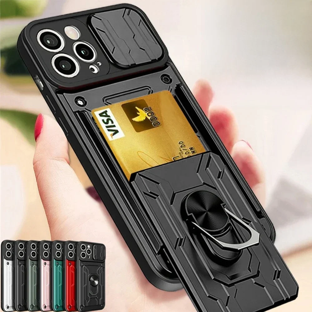 Etui na iPhone 17 16 15 14 13 12 11 Pro Max XR XS 8 Plus z przesuwaną osłoną aparatu, przegródką na karty, pierścieniem ochronnym w stylu militarnym i magnetyczną obudową tylną 360. — zdjęcie 2