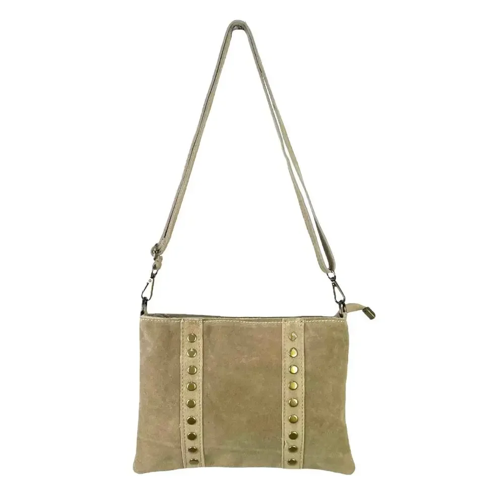 Gorett bolsa crossbody de camurça italiana com pregos, bolsa crossbody feminina com alça ajustável