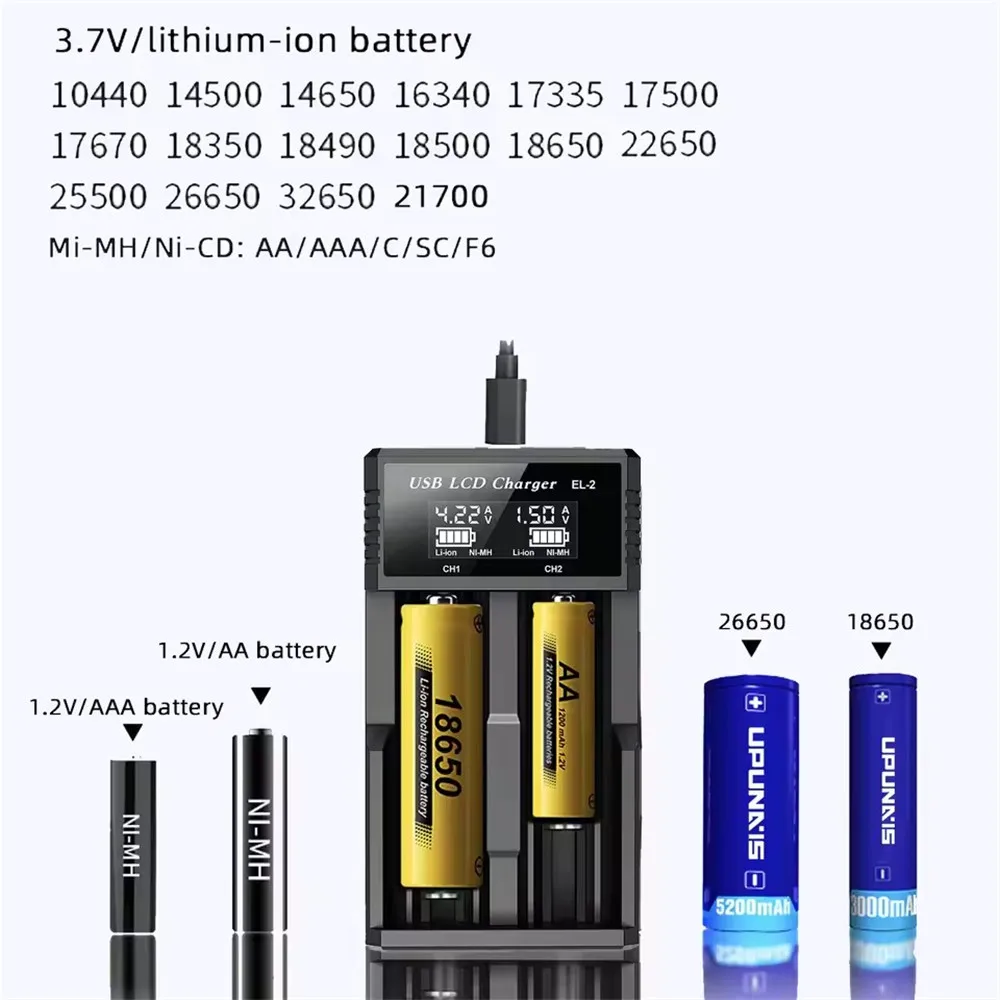 เครื่องชาร์จแบตเตอรี่อัจฉริยะแบบ USB LCD สำหรับแบตเตอรี่ลิเธียมแบบชาร์จได้ 18650 3.7V และแบตเตอรี่ NI-MH AA / AAA 1.2V แบบ 1/2 ช่อง