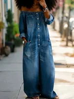 Women Off Shoulder Denim Jumpsuit 3/4 Roll Sleeve Button Front Wide Leg Jean Overalls Loose Fit Multi Pocket Casual Streetwear 2026 Summer Trendy Vacation Outfit