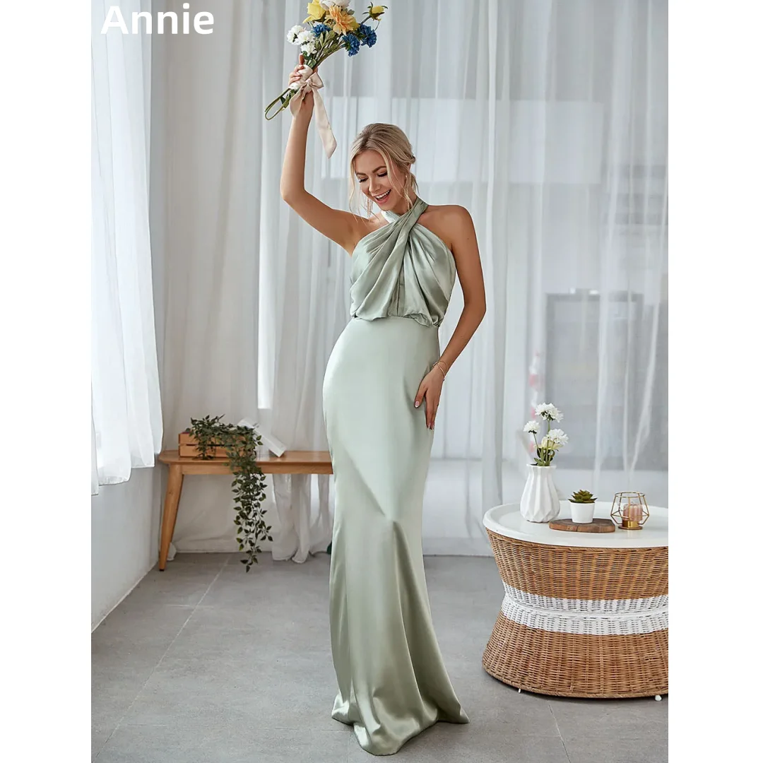 

Annie Light Green Prom Dresses Halter Silk Satin Evening Dresses Mermaid Elegant Lady Wedding Party Dress Customized