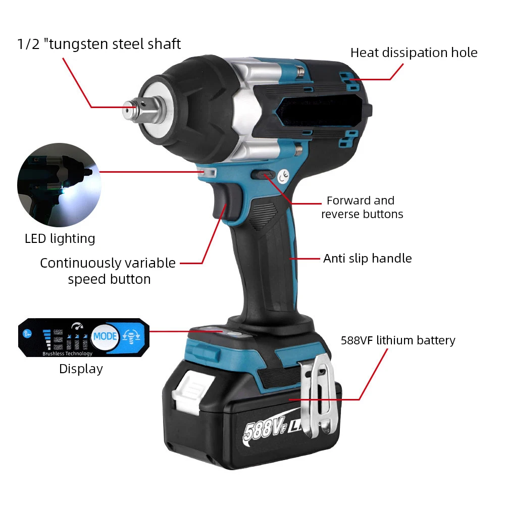 1800N.M Torque Brushless Electric Impact Wrench 1/2 inch Lithium-Ion Battery Cordless Wrench Power Tools For Makita 18V Battery