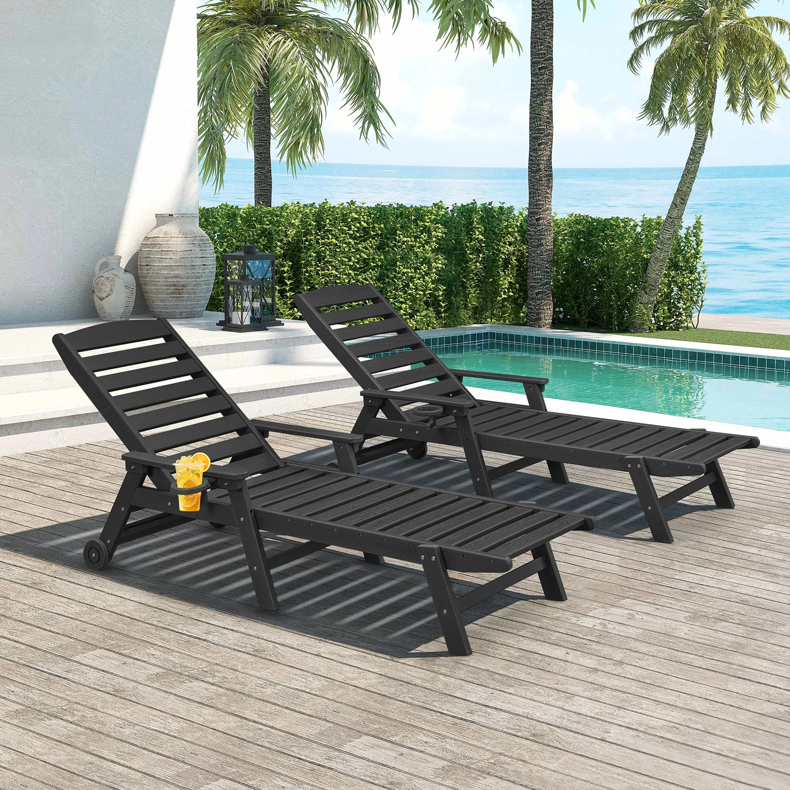 

SeeHill Obsidian HDPE Patio Adirondack Lounge Chair Set of 2, 78.4'' Outdoor Loungers with Wheels and 5 Positions Adjustable