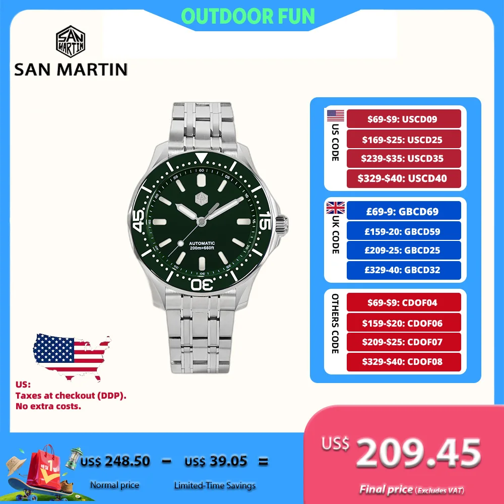 

San Martin 41.5mm YN55 Diving Watch For Men Automatic Mechanical Wristwatch Sport 20Bar Luminous Luxury Watches Sapphire SN0088