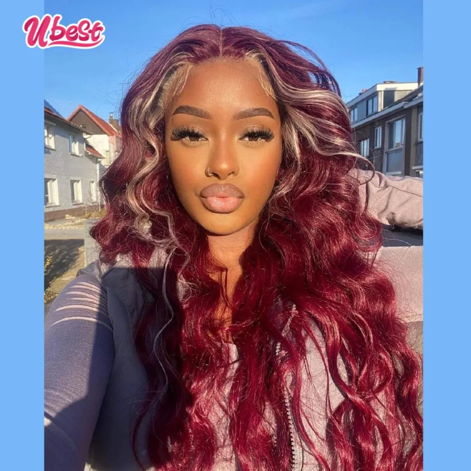 

Burgundy 99j Red With 613 Blonde Stripe Lace Front Wig Pre Plucked 13x6 Lace Frontal Human Hair Highlight Wigs For Black Women