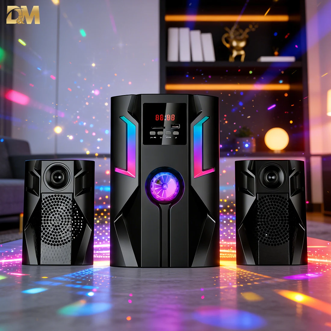 Altavoces Bluetooth 2.1 Canales DM-4008, 2+1 Altavoces Estéreo, Mando a Distancia, Iluminación LED Colorida, USB/FM/BT/AUX, Portátil Alámbrica/Inalámbrica, Ideal para Música, Películas, Karaoke, Fiestas, Deportes y Oca