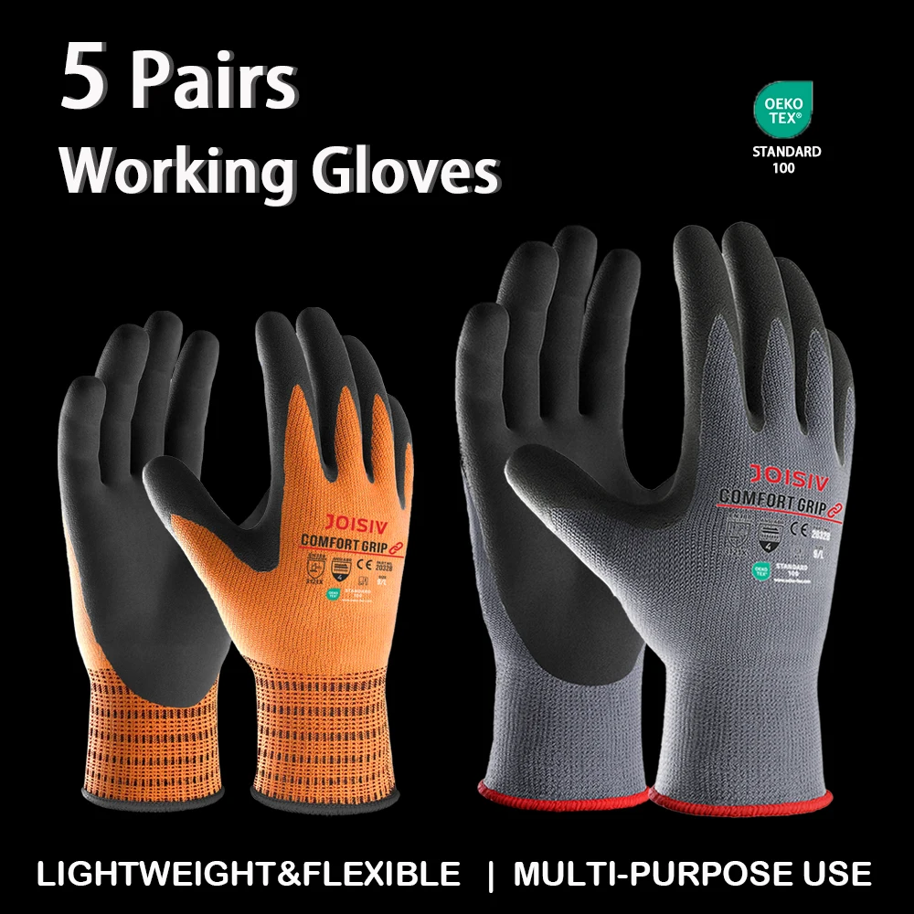 

5 пар прочных рабочих перчаток с нитриловым покрытием, нескользящие, легкие, износостойкие, дышащие, для строительства, авторемонта, садоводства