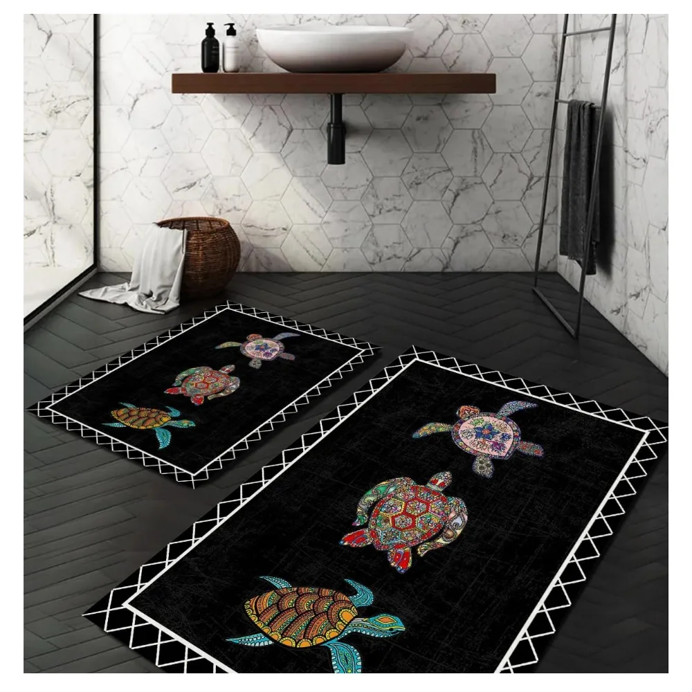 Colorful Turtle Pattern 2 Carpet Set (60x100/40x60) Bathroom Carpet Stylish Design Non-Slip Fade Dowry 2023