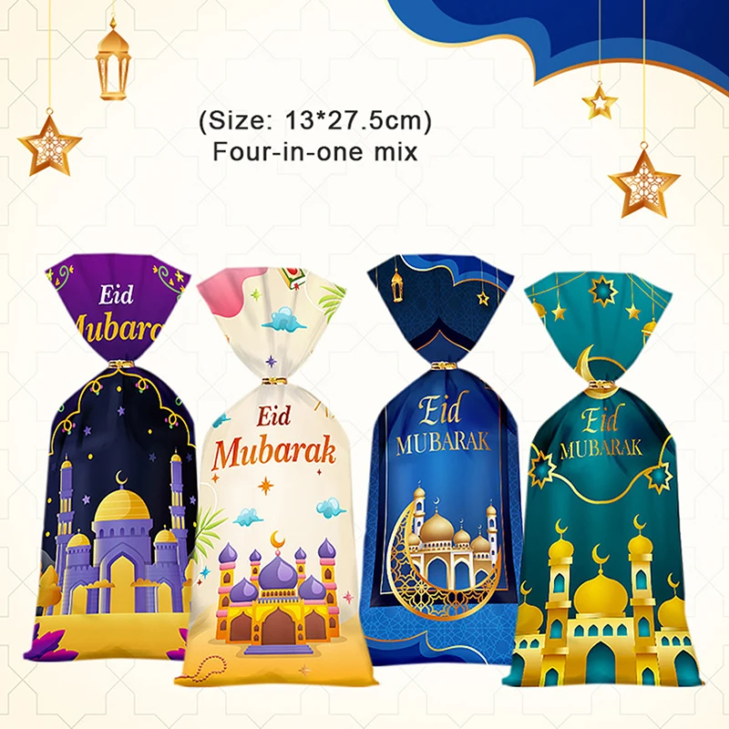 

50pcs Eid Mubarak Gift Bags Plastic Cookie Candy Bag Ramadan Kareem Decor 2024 Islamic Muslim Eid Al-fitr Party Supplies