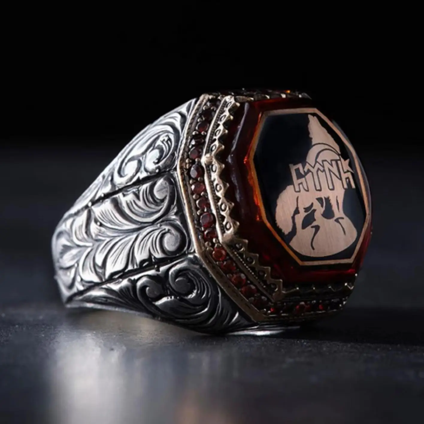 

Octagonal Engraving Model Decorated with Red Amber and Zircon Stones Borkurt Silver Men's Ring Turkish Handmade Workmanship