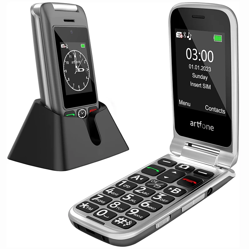 artfone G6 4G Téléphone Portable Senior Débloqué Clapet,Bouton SOS,Double écran de 2,4"+1,8",Batterie 1300mAh,Lampe Torche Noir
