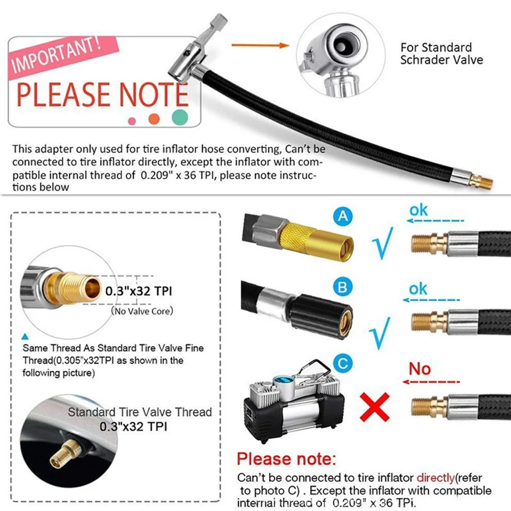 STONEGO Car Tire Inflator Hose Inflatable Air Pump Extension Tube Adapter Twist Tyre Connection Locking Air Chuck