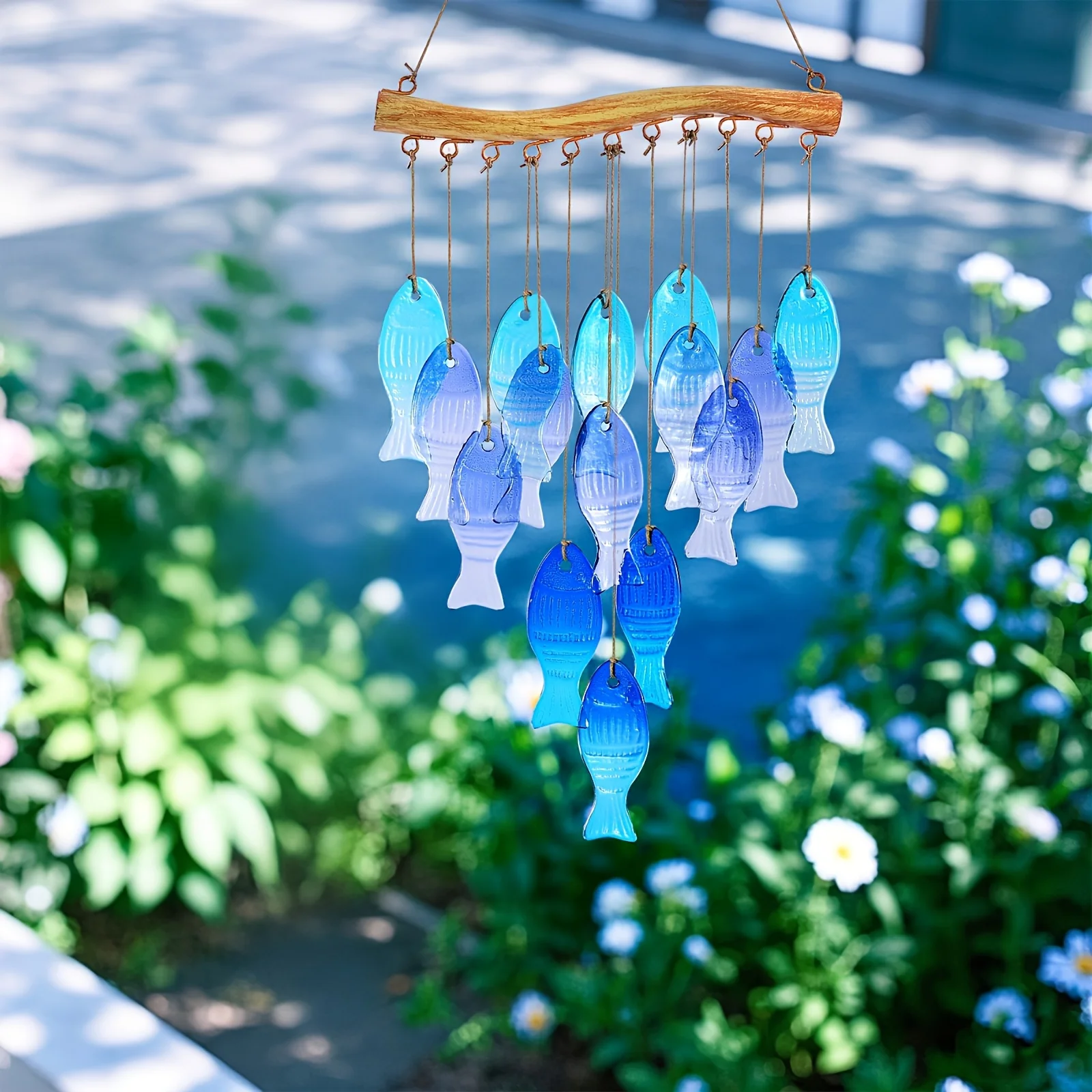 Handmade Blue Glass Fish Wind Chime - Outdoor/Indoor Hanging Decoration With Vibrant Spherical Fish, Garden, Terrace, Beach Part - view 5