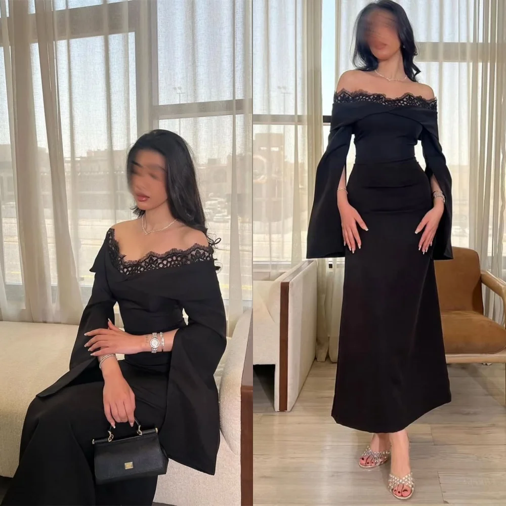 

Customized Exquisite Black Jersey Evening Dress Delicate Strapless Long Sleeves Homecoming Dress High Quality Party Dress