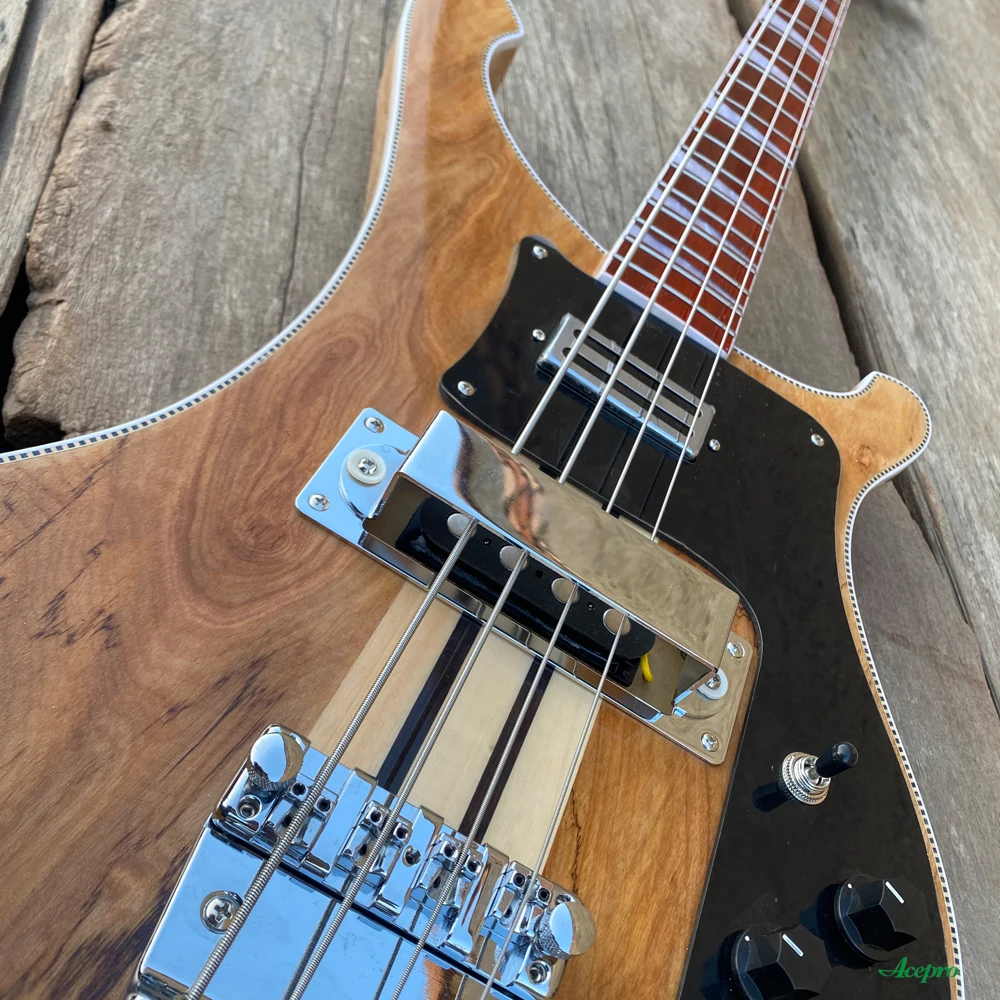 Maple+Rosewood Neck Thru Body Electric Bass Guitar, Adjustable Bridge, Spalted Maple, Checkerboard Binding, Black Pickguard Bass