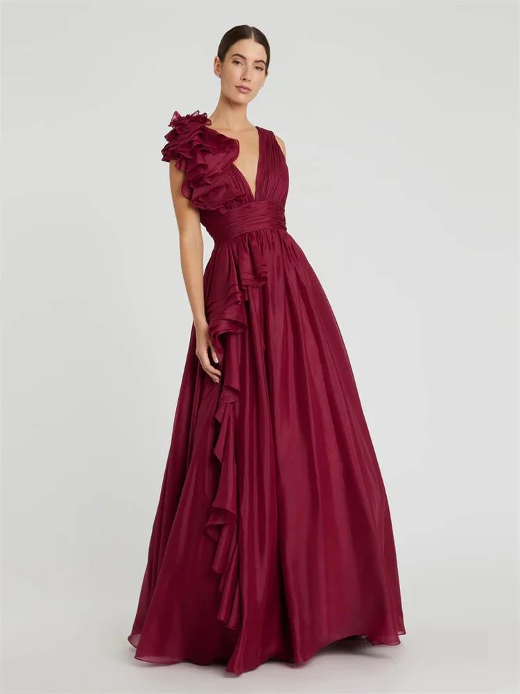 Customized Stunning Ruffled V-Neck Chiffon Evening Dress Ruffled Shoulders and Waist Ruffles Extend to Skirt Silhouette Dress