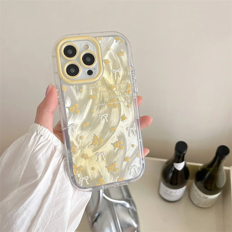 Yellow floral bow  Phone Case for iPhone 15 14 13 Pro Max  15pro Silver muslin Design Cover Women Floral Protection Cases