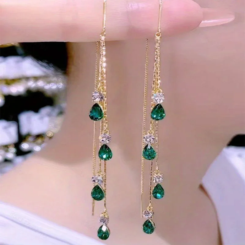 Boucles d'oreilles de luxe en Zircon vert pour femmes, mode coréenne, longues pampilles en strass, bijoux de fête de mariage