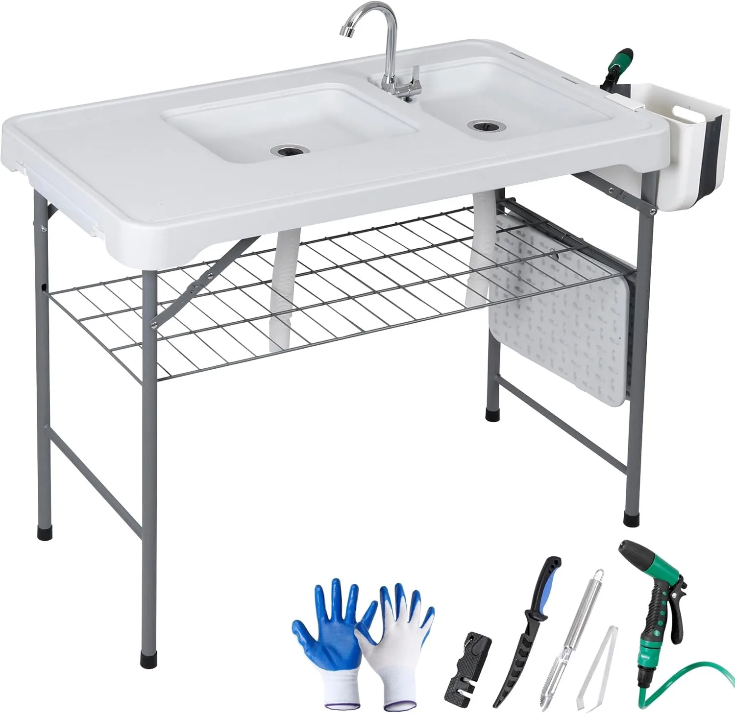 

Стол для разделки рыбы с раковиной, портативный складной походный стол шириной 42,4 дюйма, уличная станция для разделки рыбы с решеткой-подставкой и